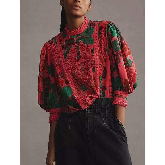 Farm Rio Floral Yard Blush Volumious Puff Half Sleeves High Collar Blouse XS - Picture 1 of 15